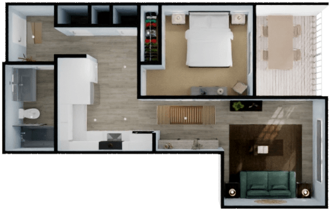 Floor plan for 1 bed, 1 bath, 558 sqft